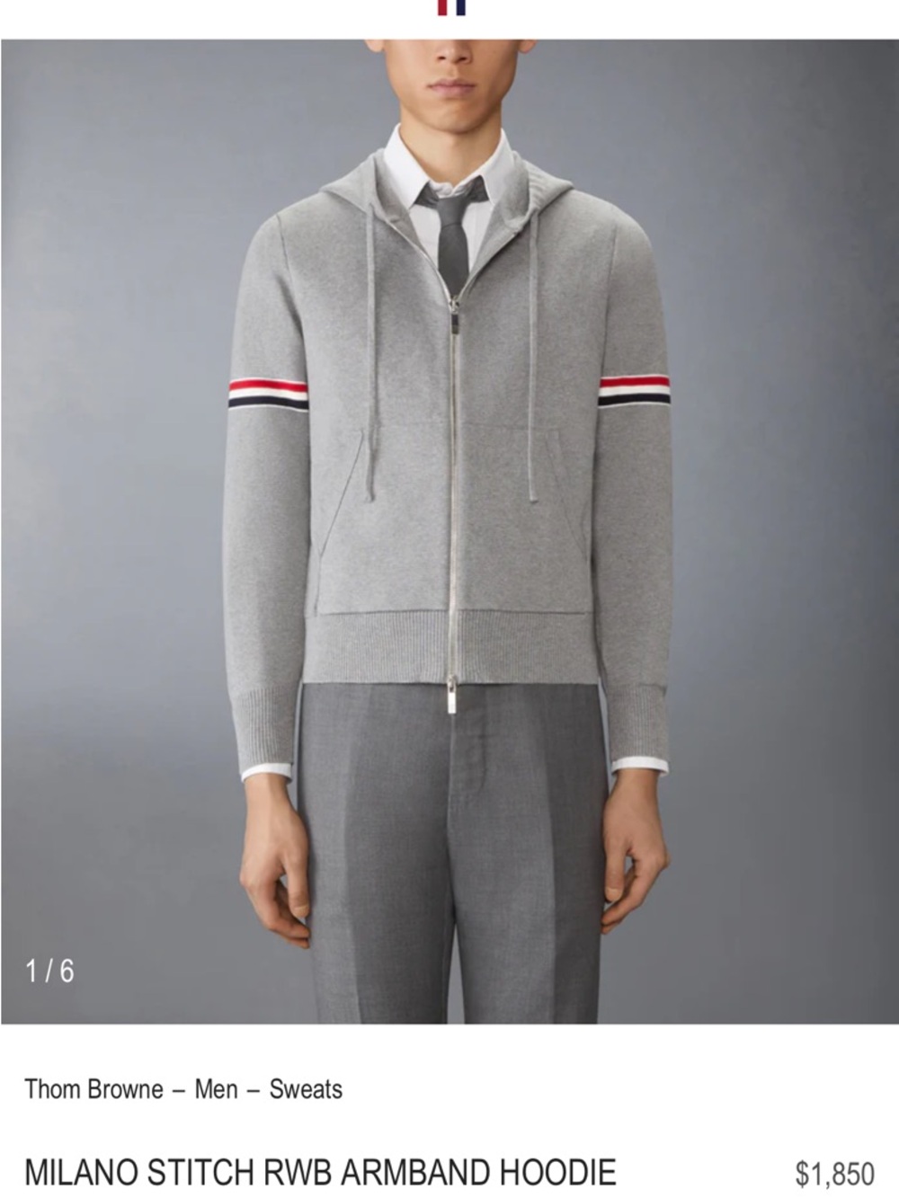 Thom Browne Gray Zip-Up Milano Stitch Hoodie with RWB Arm Stripes
